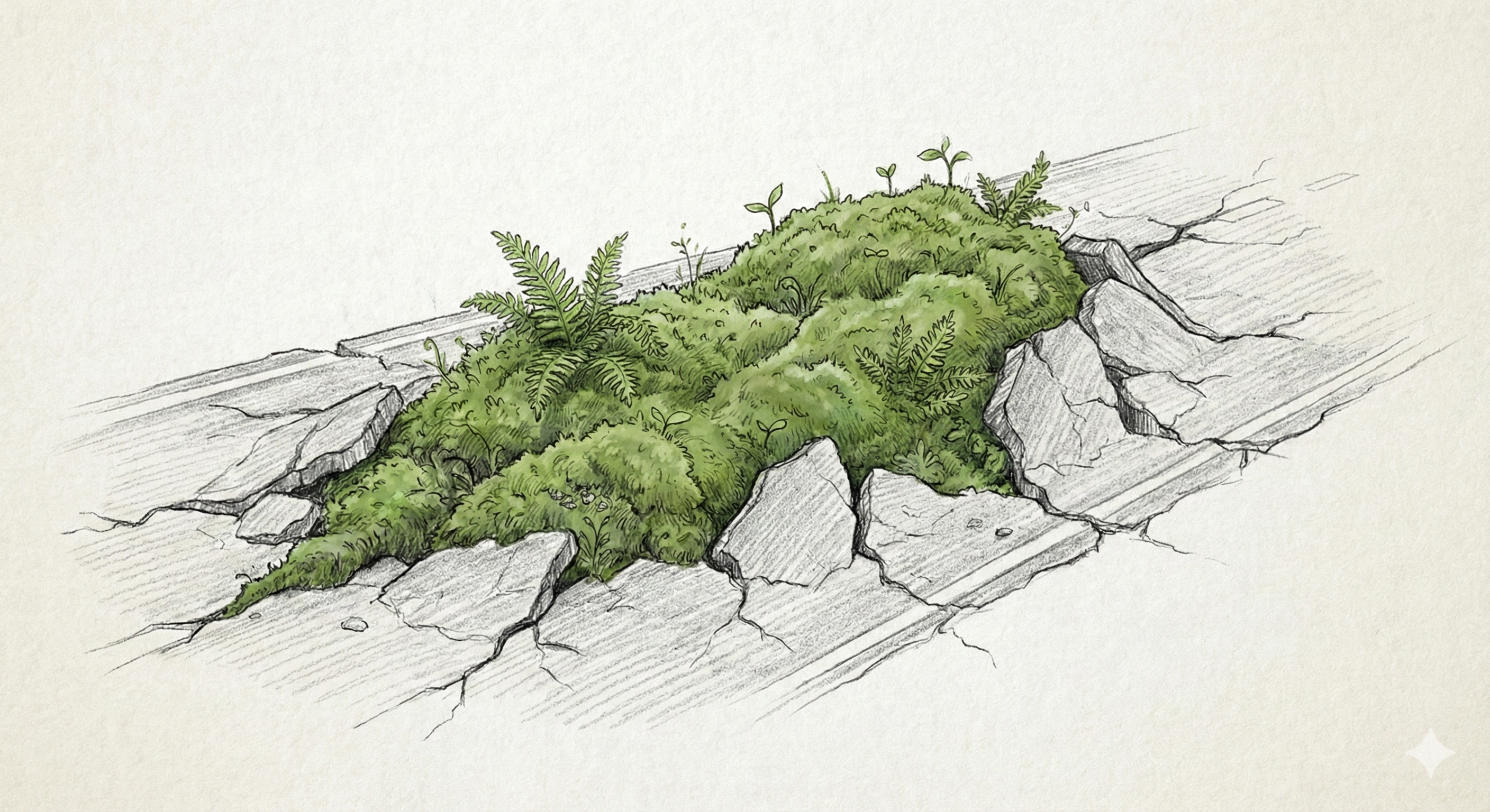 Resilience — moss breaking through rock