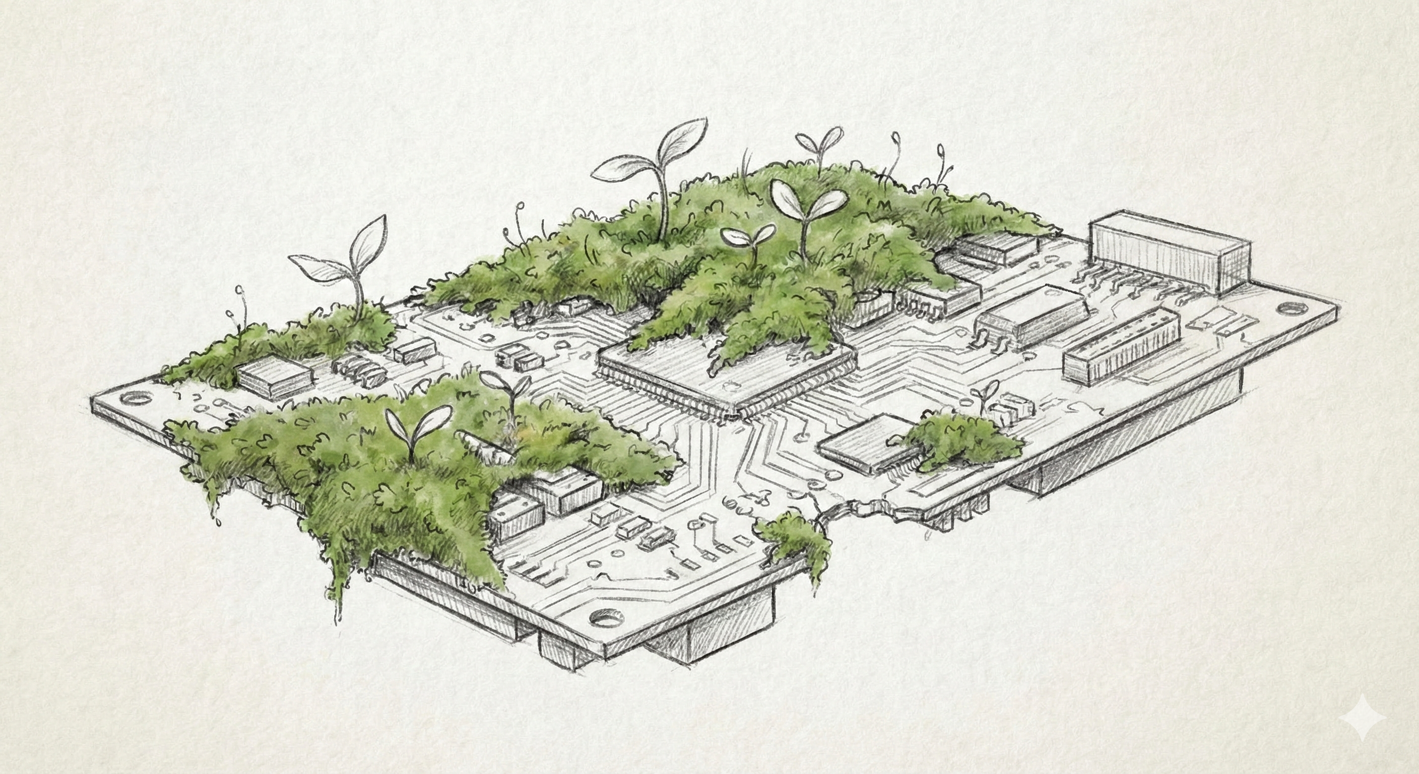 Civilizational Bootstrap — moss growing over circuits